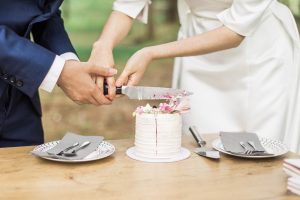 bride and groom cutting small wedding cake
