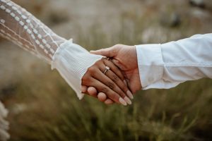 engaged couple holding hands with bride's ring