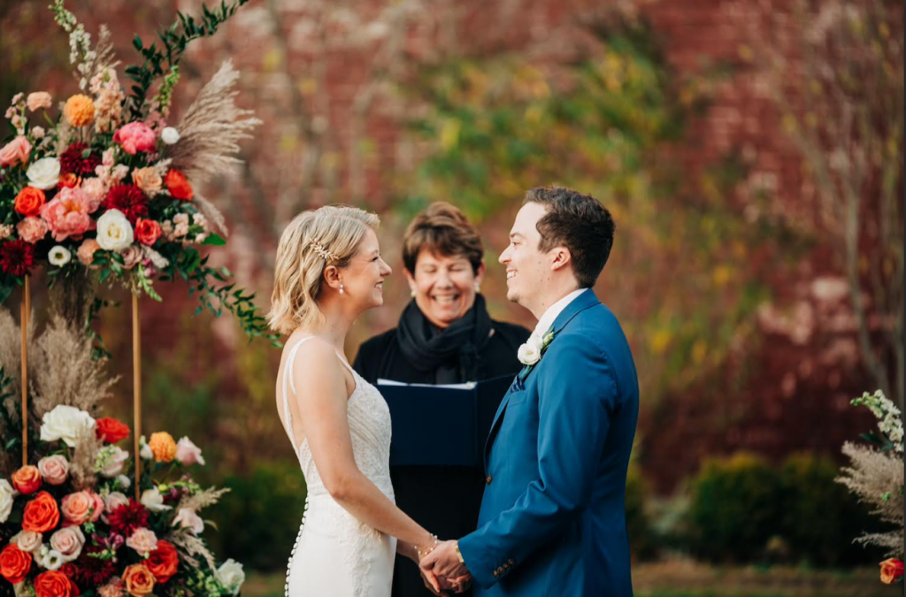 beautiful fall wedding altar picture with our Justice of the Peace officiating