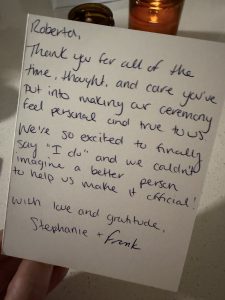 hand written letter from past client that we officiated their wedding