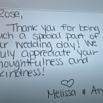thank you letter from client appreciative of us being apart of their wedding