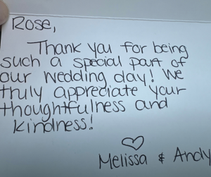 thank you letter from client appreciative of us being apart of their wedding